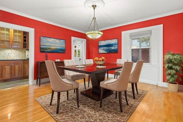 Dining room, Interior, Pendant Lights, Wood Texture Flooring