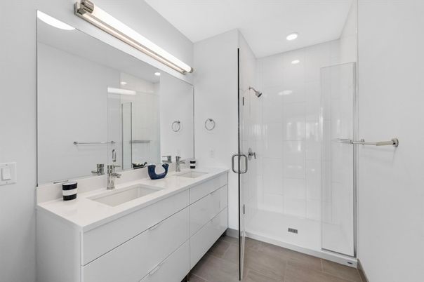 Bathroom, Dual Sink Vanities, Glass Shower, Interior, Recessed Lighting