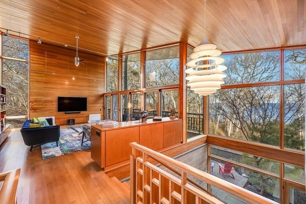 Home Office, Interior, Pendant Lights, Wooden Ceilings, Wood Texture Flooring, Wooden Walls