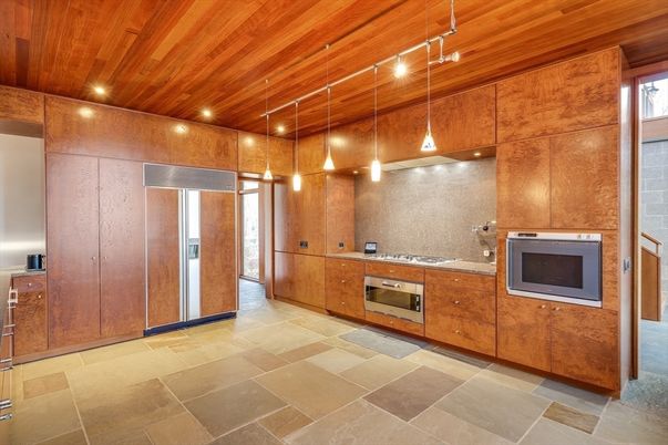Interior, Kitchen, Pendant Lights, Recessed Lighting, Stainless Steel Appliances, Wooden Ceilings