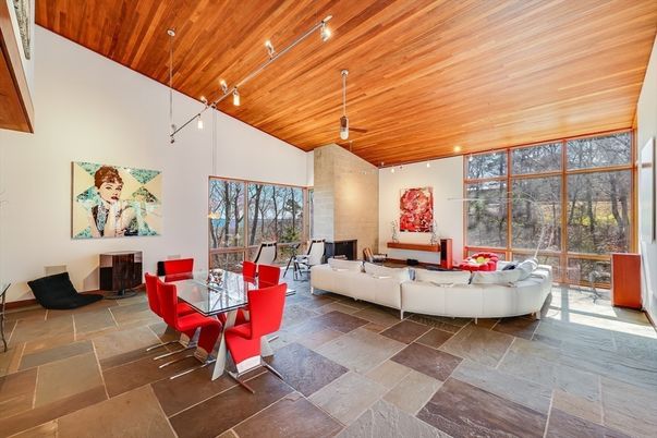 Fireplace, Interior, Living room, Recessed Lighting, Wooden Ceilings