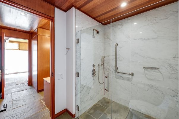 Bathroom, Glass Shower, Interior, Marble Walls, Recessed Lighting, Wooden Ceilings
