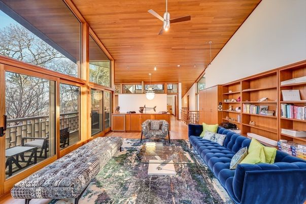 Fireplace, Interior, Living room, Pendant Lights, Recessed Lighting, Wooden Ceilings
