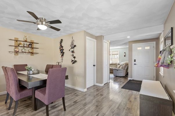Dining room, Interior, Recessed Lighting, Wood Texture Flooring
