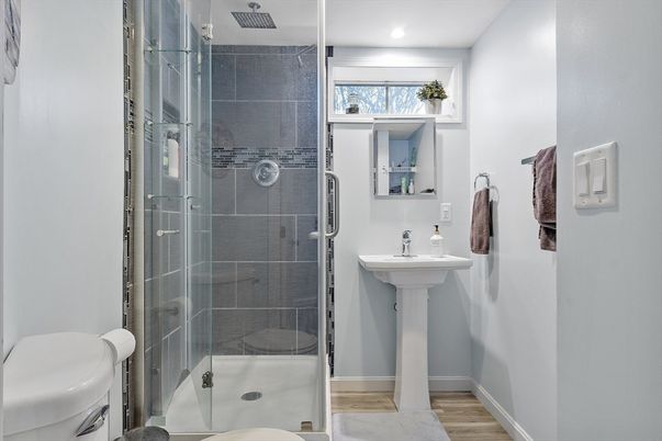 Bathroom, Glass Shower, Interior, Recessed Lighting, Wood Texture Flooring