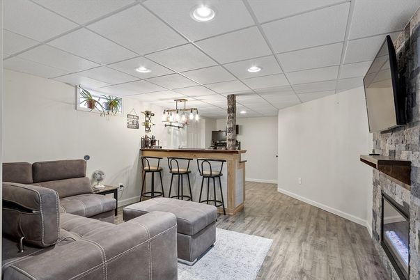 Fireplace, Interior, Recessed Lighting, Wood Texture Flooring
