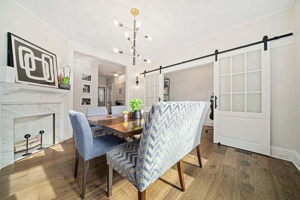 Dining room, Fireplace, Interior, Pendant Lights, Wood Texture Flooring