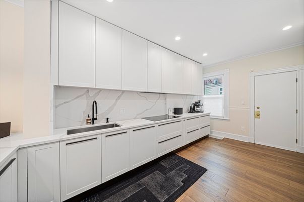 Interior, Kitchen, Marble Walls, Recessed Lighting, Wood Texture Flooring