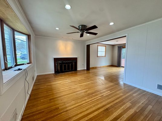 Empty room, Fireplace, Interior, Recessed Lighting, Wood Texture Flooring