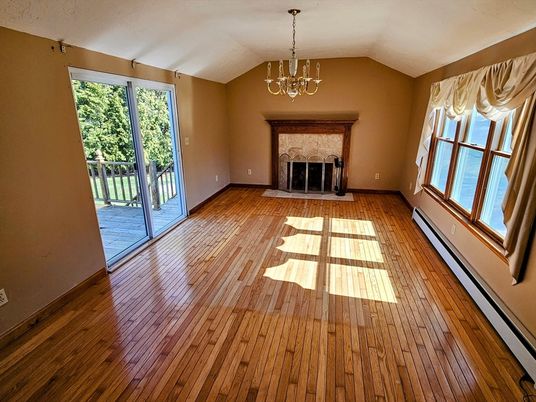 Chandelier, Empty room, Fireplace, Interior, Wood Texture Flooring