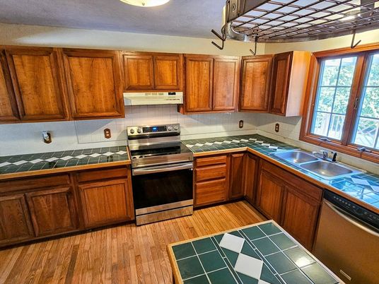Interior, Kitchen, Tile Countertops, Wood Texture Flooring