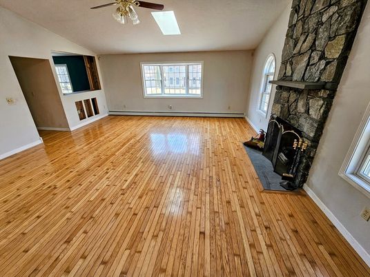 Empty room, Fireplace, Interior, Stone Walls, Wood Texture Flooring