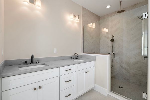 Bathroom, Dual Sink Vanities, Glass Shower, Interior, Recessed Lighting