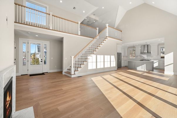 Fireplace, Interior, Kitchen, Pendant Lights, Recessed Lighting, Wood Texture Flooring
