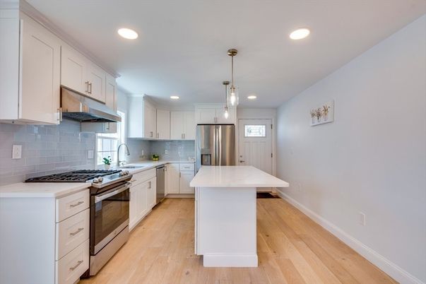 Interior, Kitchen, Pendant Lights, Recessed Lighting, Stainless Steel Appliances, Wood Texture Flooring