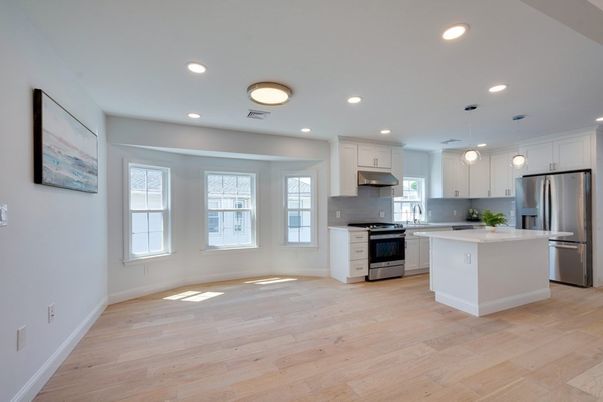 Interior, Kitchen, Pendant Lights, Recessed Lighting, Stainless Steel Appliances, Wood Texture Flooring