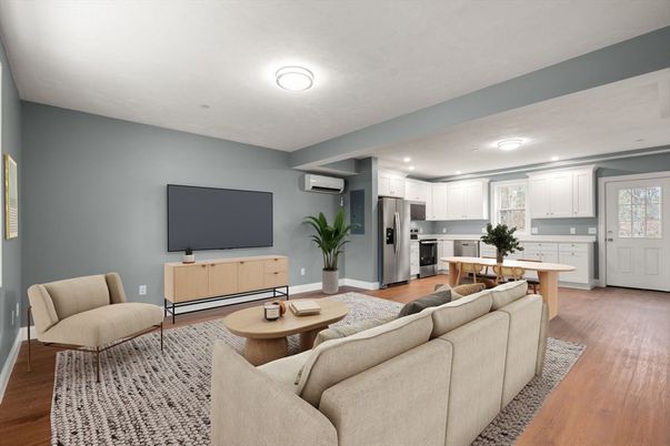Dining room, Interior, Kitchen, Living room, Recessed Lighting, Stainless Steel Appliances, Wood Texture Flooring