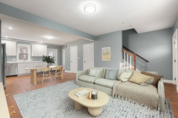 Dining room, Interior, Kitchen, Living room, Recessed Lighting, Wood Texture Flooring