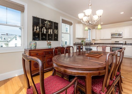 Chandelier, Dining room, Interior, Kitchen, Recessed Lighting, Stainless Steel Appliances, Wood Texture Flooring