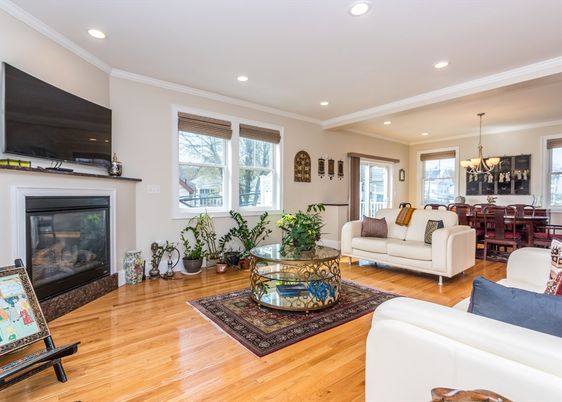 Chandelier, Dining room, Fireplace, Interior, Living room, Recessed Lighting, Wood Texture Flooring