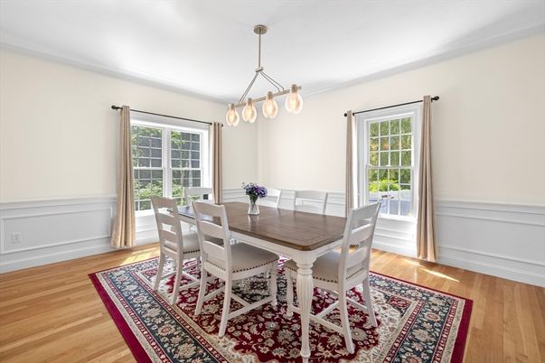 Dining room, Interior, Pendant Lights, Wood Texture Flooring
