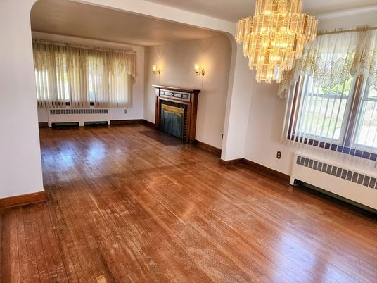 Chandelier, Empty room, Fireplace, Interior, Wood Texture Flooring