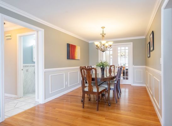 Chandelier, Dining room, Interior, Marble, Wood Texture Flooring