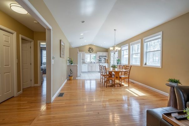 Chandelier, Dining room, Interior, Kitchen, Recessed Lighting, Wood Texture Flooring