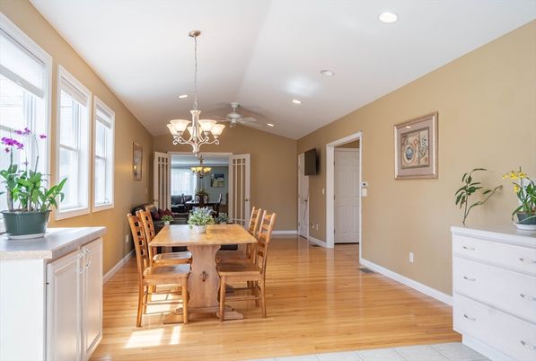 Chandelier, Dining room, Interior, Recessed Lighting, Wood Texture Flooring