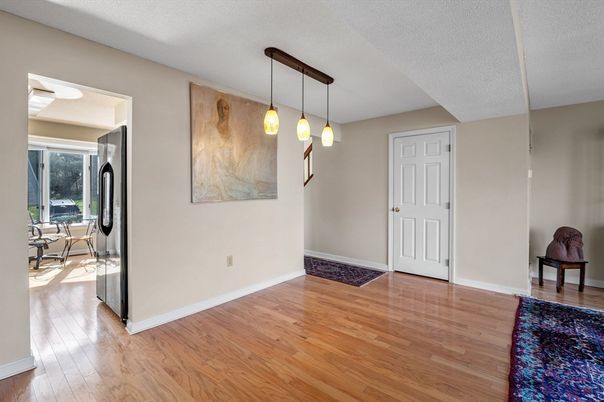 Dining room, Interior, Pendant Lights, Wood Texture Flooring