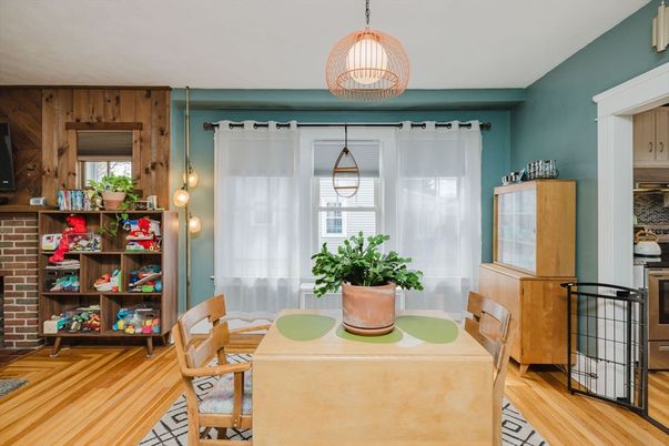 Dining room, Interior, Pendant Lights, Wood Texture Flooring, Wooden Walls