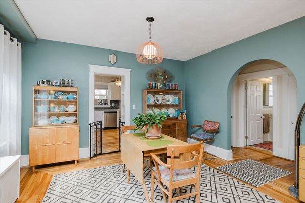 Dining room, Interior, Pendant Lights, Wood Texture Flooring