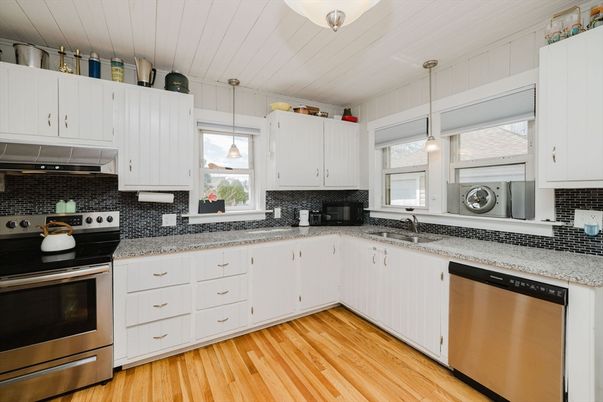 Interior, Kitchen, Pendant Lights, Stainless Steel Appliances, Wood Texture Flooring