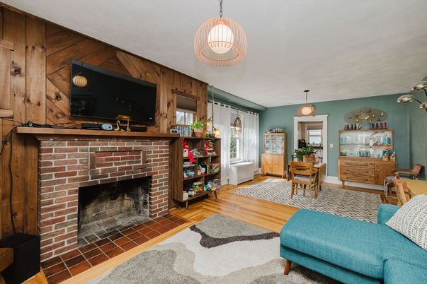 Fireplace, Interior, Pendant Lights, Wood Texture Flooring, Wooden Walls
