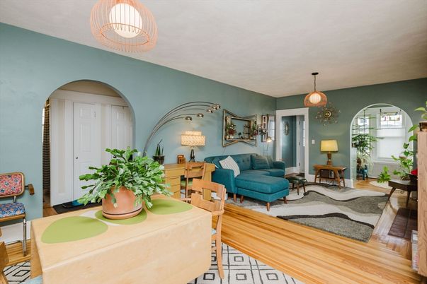 Dining room, Interior, Living room, Pendant Lights, Wood Texture Flooring