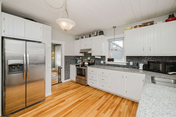 Interior, Kitchen, Pendant Lights, Stainless Steel Appliances, Wood Texture Flooring