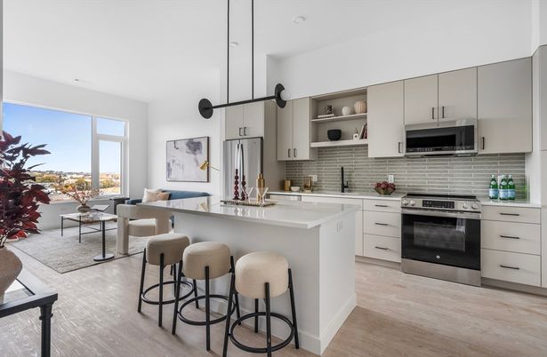 Interior, Kitchen, Living room, Pendant Lights, Stainless Steel Appliances, Wood Texture Flooring