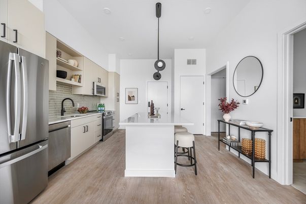 Interior, Kitchen, Pendant Lights, Recessed Lighting, Stainless Steel Appliances, Wood Texture Flooring