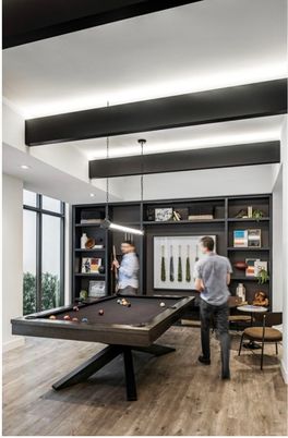 Billiard Table, Game Room, Interior, Pendant Lights, Recessed Lighting, Wood Texture Flooring