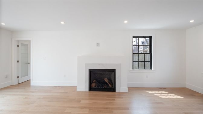 Empty room, Fireplace, Interior, Recessed Lighting, Wood Texture Flooring