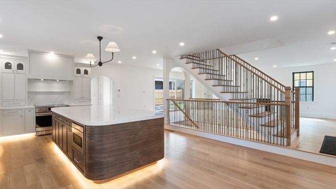 Interior, Kitchen, Pendant Lights, Recessed Lighting, Stainless Steel Appliances, Wood Texture Flooring