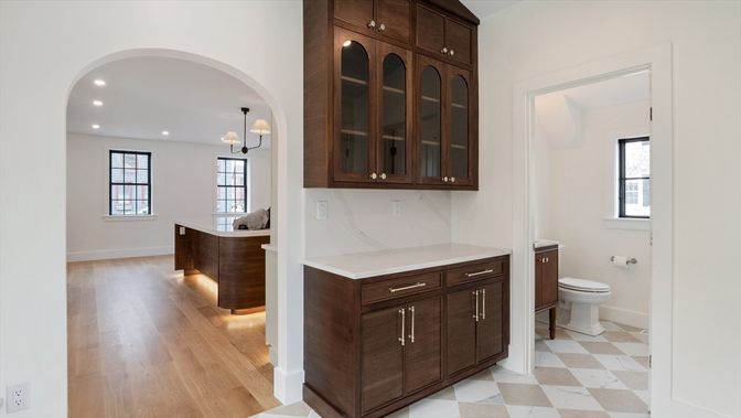 Bathroom, Interior, Marble Walls, Pendant Lights, Recessed Lighting, Wood Texture Flooring