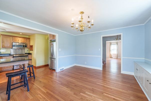 Chandelier, Interior, Kitchen, Stainless Steel Appliances, Wood Texture Flooring