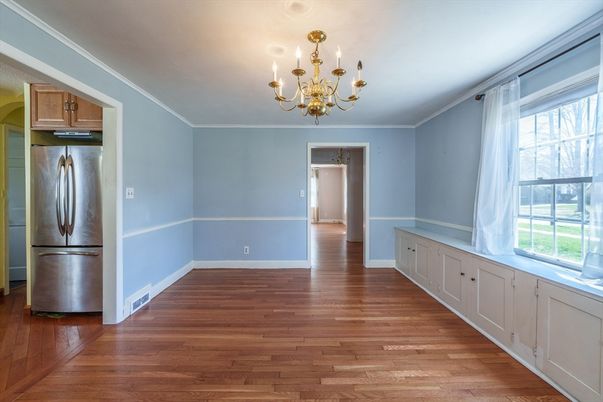 Chandelier, Empty room, Interior, Kitchen, Stainless Steel Appliances, Wood Texture Flooring