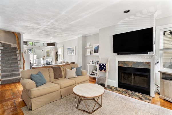Dining room, Fireplace, Interior, Living room, Pendant Lights, Wood Texture Flooring