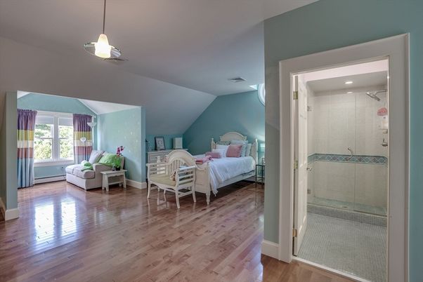Bathroom, Bedroom, Glass Shower, Interior, Pendant Lights, Recessed Lighting, Wood Texture Flooring