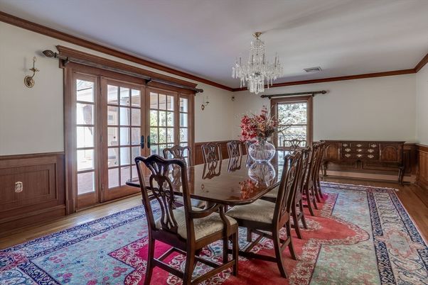 Chandelier, Dining room, Interior, Wood Texture Flooring