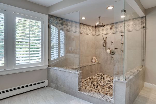 Bathroom, Glass Shower, Interior, Recessed Lighting, Wood Texture Flooring