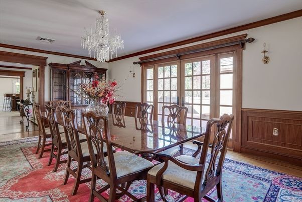 Chandelier, Dining room, Interior, Wood Texture Flooring