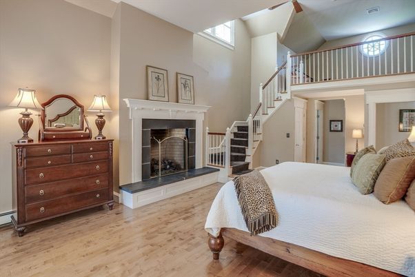 Bedroom, Fireplace, Interior, Wood Texture Flooring